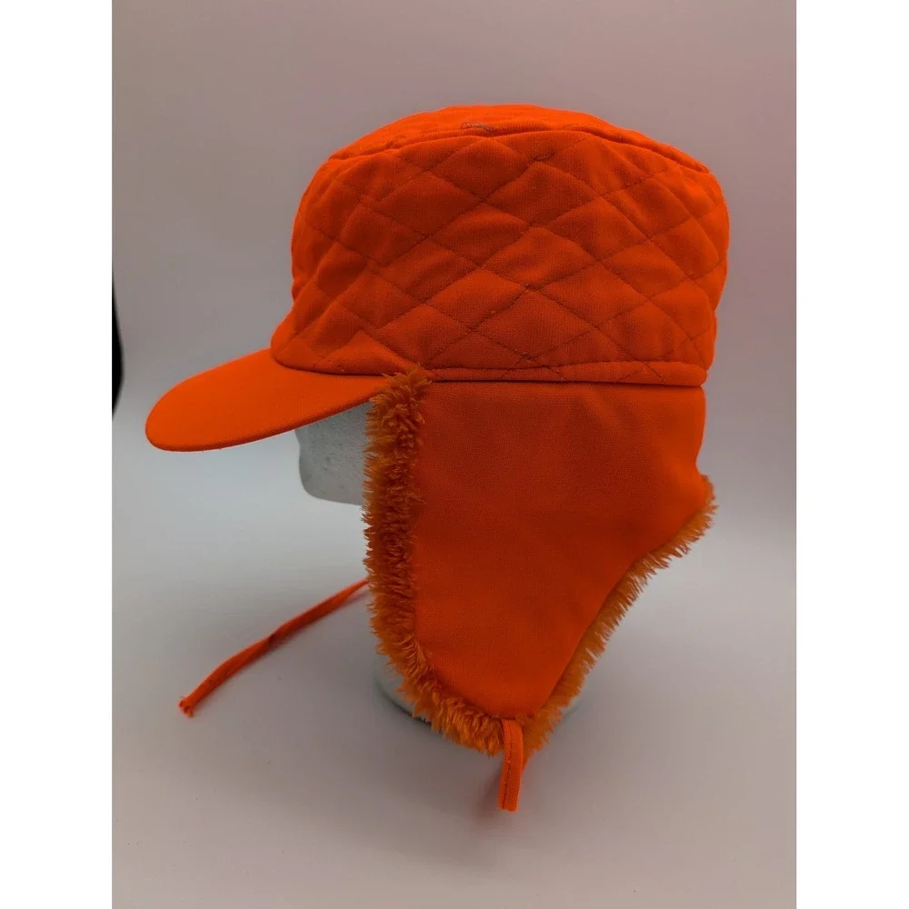 Vintage Blaze Orange Quilted Hunting Hat Ear Flaps Faux Fur Lined Trapper Cap